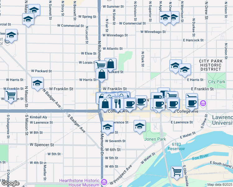 map of restaurants, bars, coffee shops, grocery stores, and more near 509 West Franklin Street in Appleton