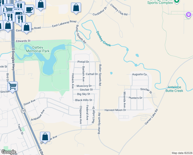 map of restaurants, bars, coffee shops, grocery stores, and more near 3403 Quacker Avenue in Gillette