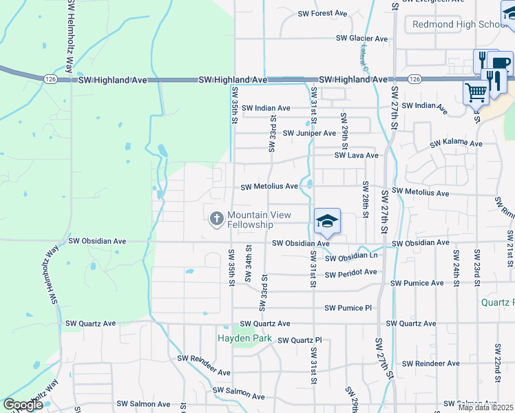 map of restaurants, bars, coffee shops, grocery stores, and more near 3332 Southwest Metolius Meadow Court in Redmond