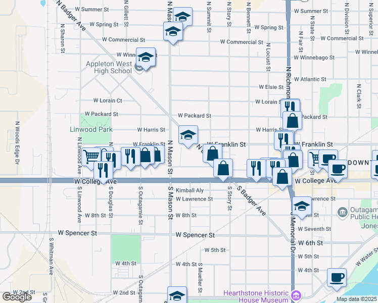 map of restaurants, bars, coffee shops, grocery stores, and more near 225 North Badger Avenue in Appleton