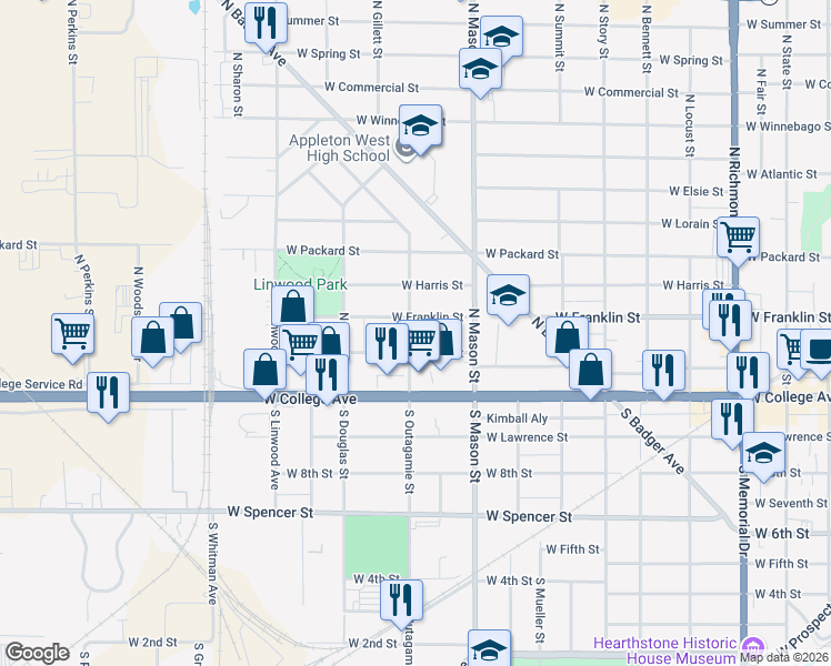 map of restaurants, bars, coffee shops, grocery stores, and more near 218 North Outagamie Street in Appleton