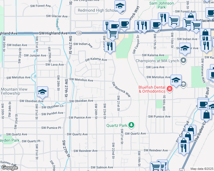 map of restaurants, bars, coffee shops, grocery stores, and more near 2239 Southwest Metolius Court in Redmond