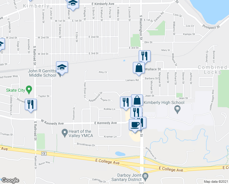 map of restaurants, bars, coffee shops, grocery stores, and more near 633 Applewood Drive in Kimberly