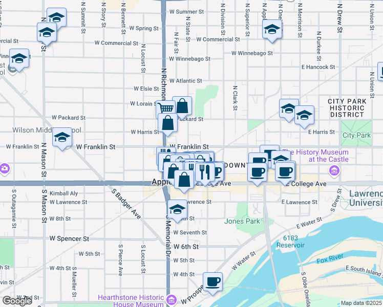 map of restaurants, bars, coffee shops, grocery stores, and more near 509 West Franklin Street in Appleton