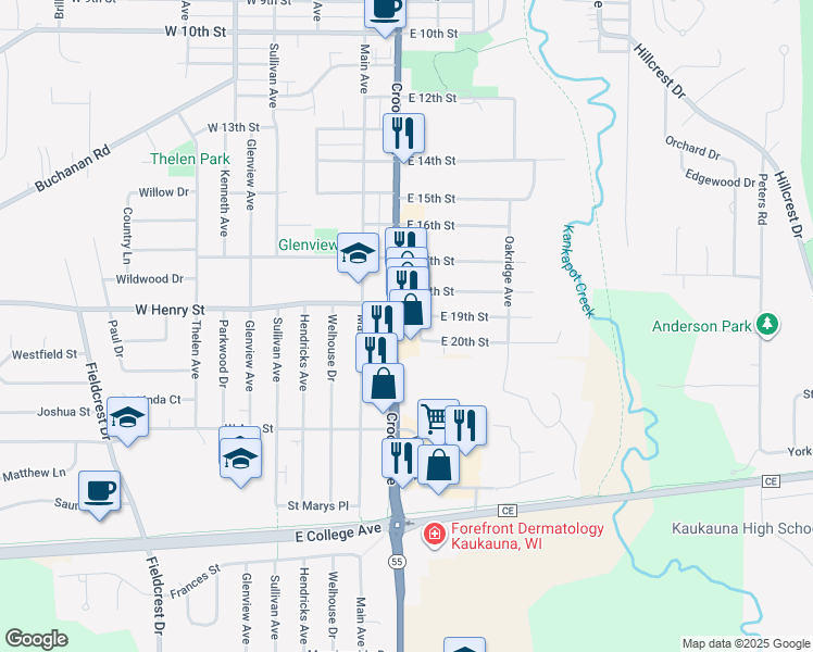 map of restaurants, bars, coffee shops, grocery stores, and more near 2000 Crooks Avenue in Kaukauna