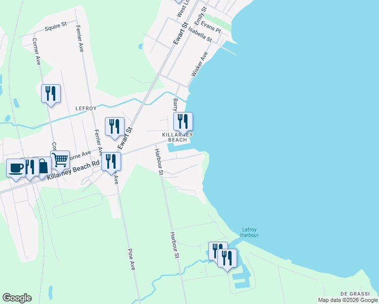 map of restaurants, bars, coffee shops, grocery stores, and more near 1118 Stoney Point Road in Innisfil