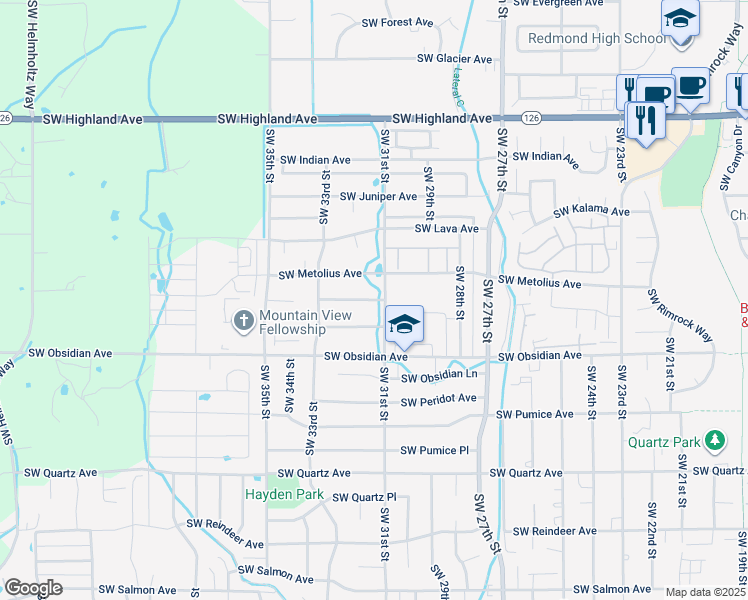 map of restaurants, bars, coffee shops, grocery stores, and more near 3316 Metolius Drive in Redmond