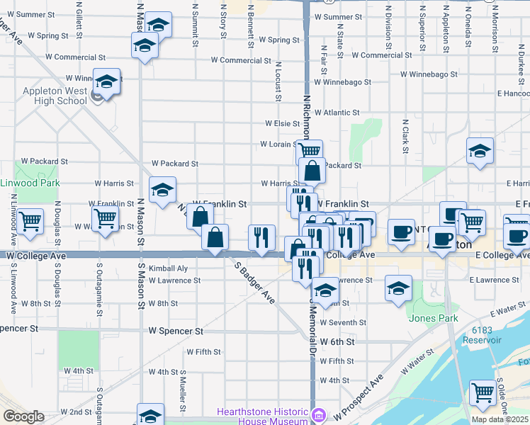 map of restaurants, bars, coffee shops, grocery stores, and more near 212 North Bennett Street in Appleton