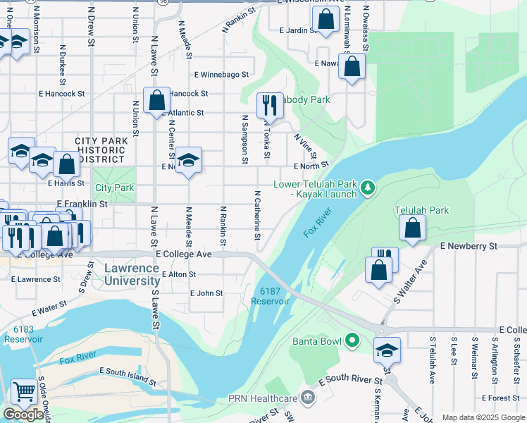 map of restaurants, bars, coffee shops, grocery stores, and more near 224 North Catherine Street in Appleton