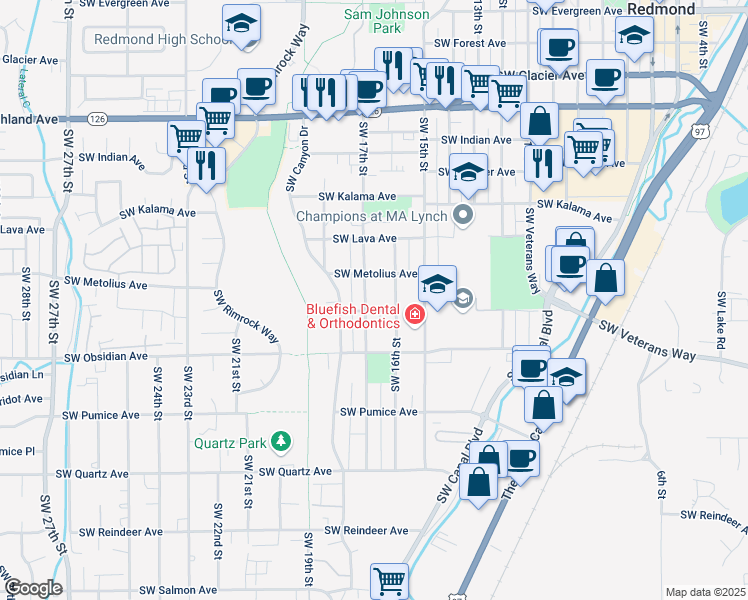 map of restaurants, bars, coffee shops, grocery stores, and more near 1352 Southwest 17th Street in Redmond