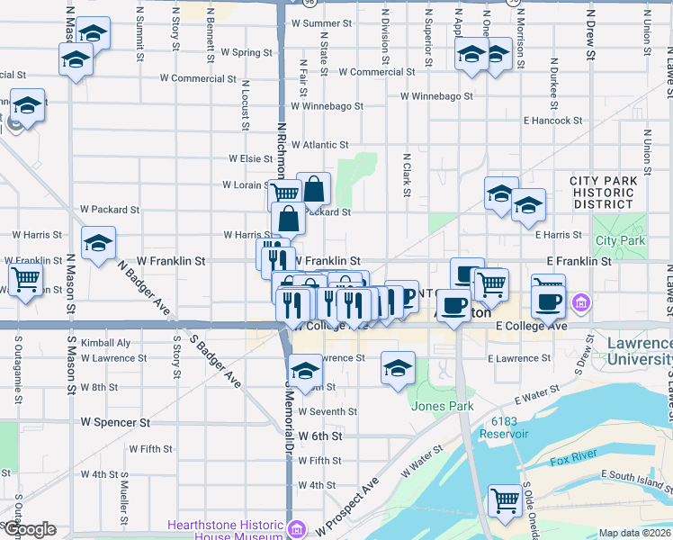 map of restaurants, bars, coffee shops, grocery stores, and more near 509 West Franklin Street in Appleton