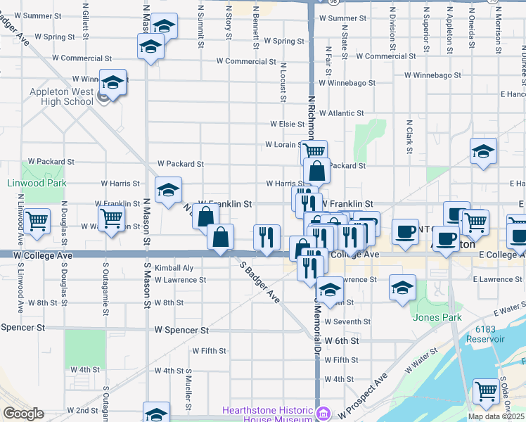 map of restaurants, bars, coffee shops, grocery stores, and more near 212 North Bennett Street in Appleton