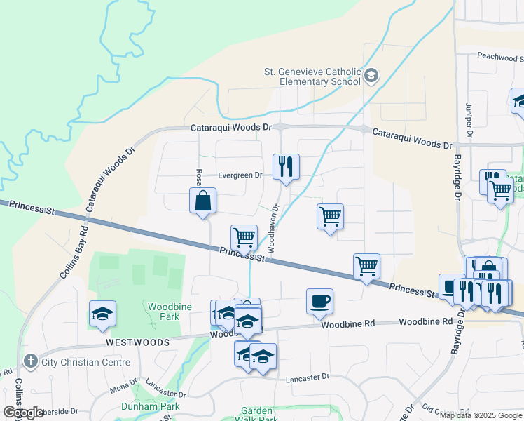 map of restaurants, bars, coffee shops, grocery stores, and more near 1530 Crimson Crescent in Kingston