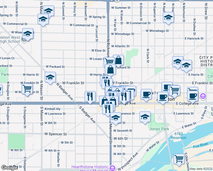 map of restaurants, bars, coffee shops, grocery stores, and more near 209 North Richmond Street in Appleton