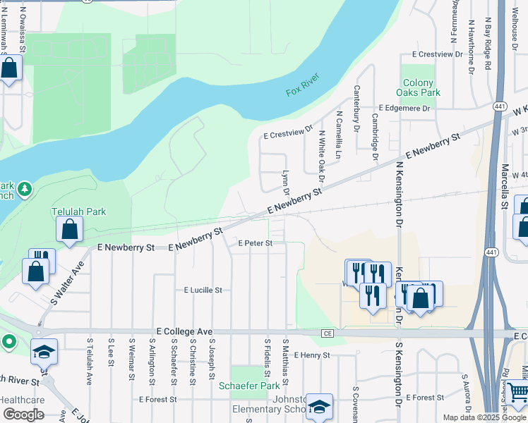 map of restaurants, bars, coffee shops, grocery stores, and more near 2416 East Newberry Street in Appleton
