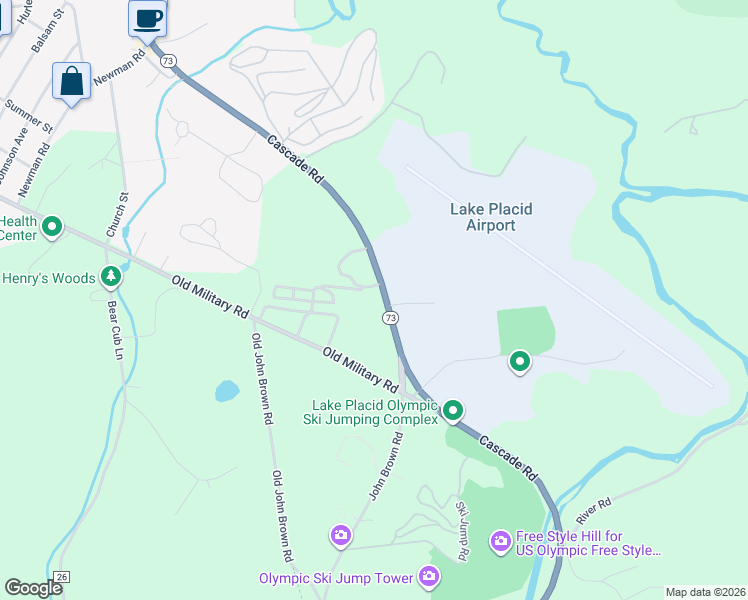 map of restaurants, bars, coffee shops, grocery stores, and more near 5621 Cascade Road in Lake Placid
