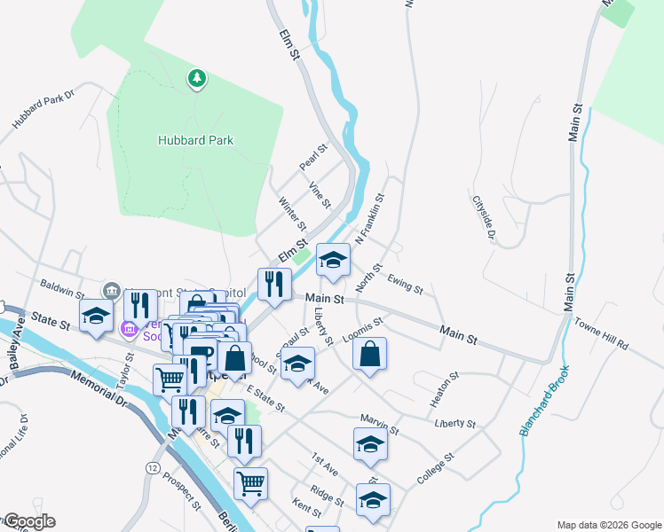 map of restaurants, bars, coffee shops, grocery stores, and more near 9 Franklin Street in Montpelier
