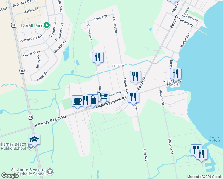 map of restaurants, bars, coffee shops, grocery stores, and more near 930 Gilmore Avenue in Innisfil