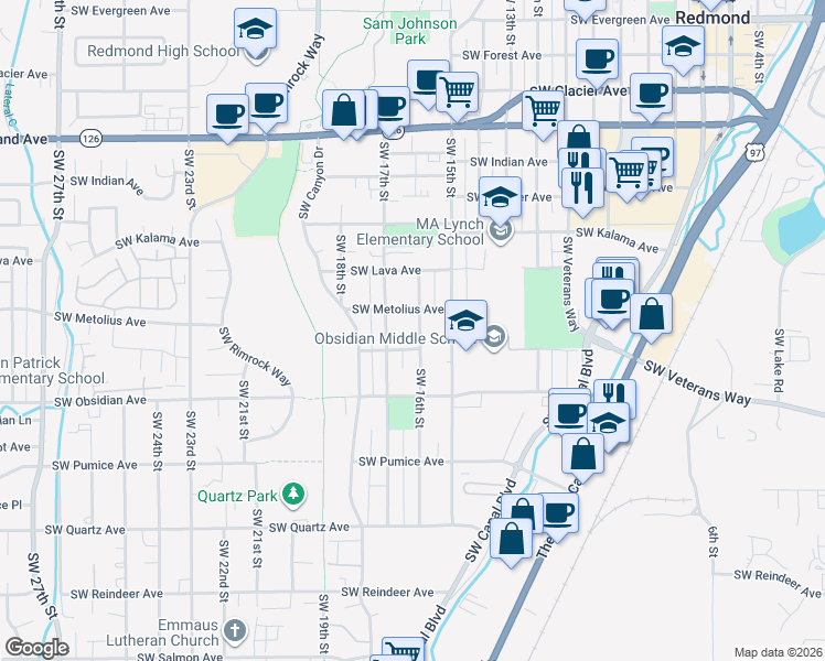 map of restaurants, bars, coffee shops, grocery stores, and more near 1367 Southwest 16th Street in Redmond
