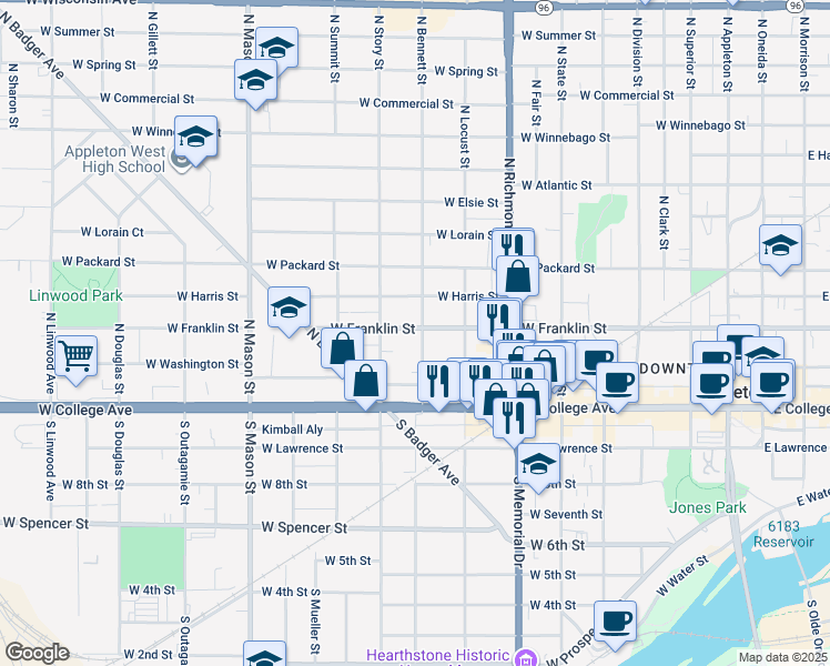 map of restaurants, bars, coffee shops, grocery stores, and more near 212 North Bennett Street in Appleton