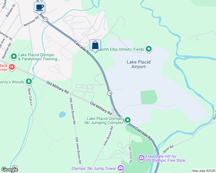 map of restaurants, bars, coffee shops, grocery stores, and more near 5621 Cascade Road in Lake Placid