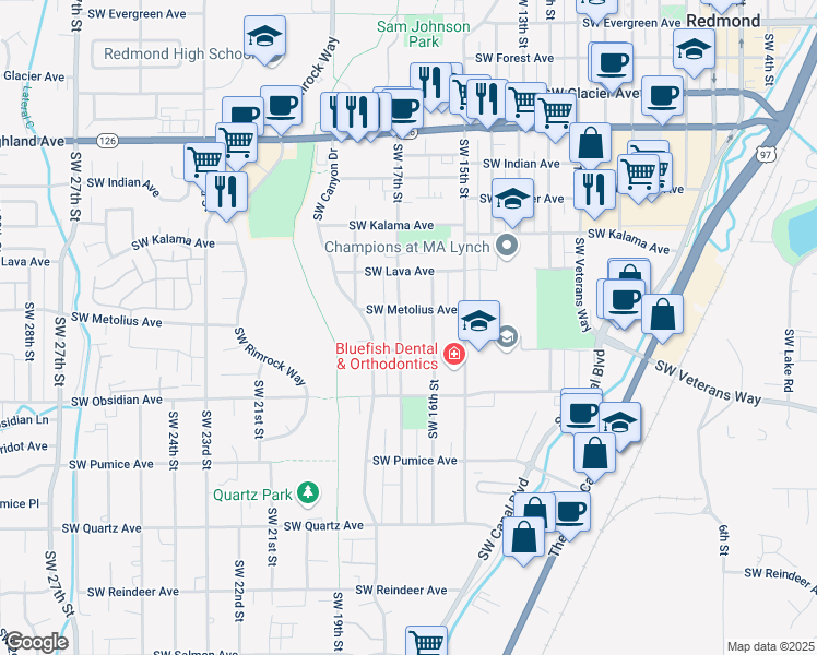 map of restaurants, bars, coffee shops, grocery stores, and more near 1365 Southwest 17th Street in Redmond