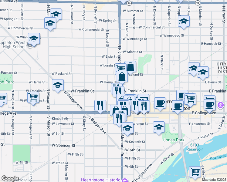 map of restaurants, bars, coffee shops, grocery stores, and more near 209 North Richmond Street in Appleton