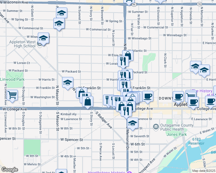 map of restaurants, bars, coffee shops, grocery stores, and more near 818 West Franklin Street in Appleton