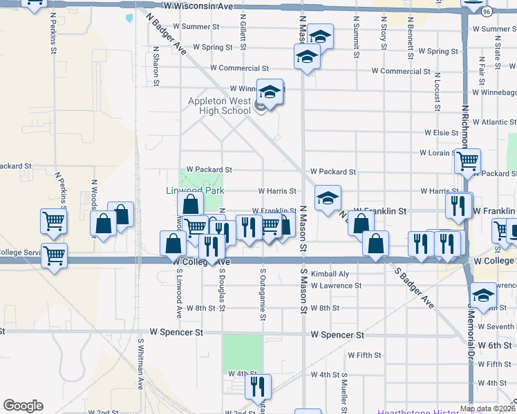map of restaurants, bars, coffee shops, grocery stores, and more near 218 North Outagamie Street in Appleton