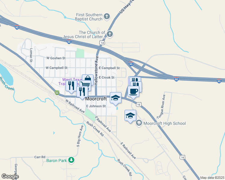map of restaurants, bars, coffee shops, grocery stores, and more near 112 South Little Horn Avenue in Moorcroft