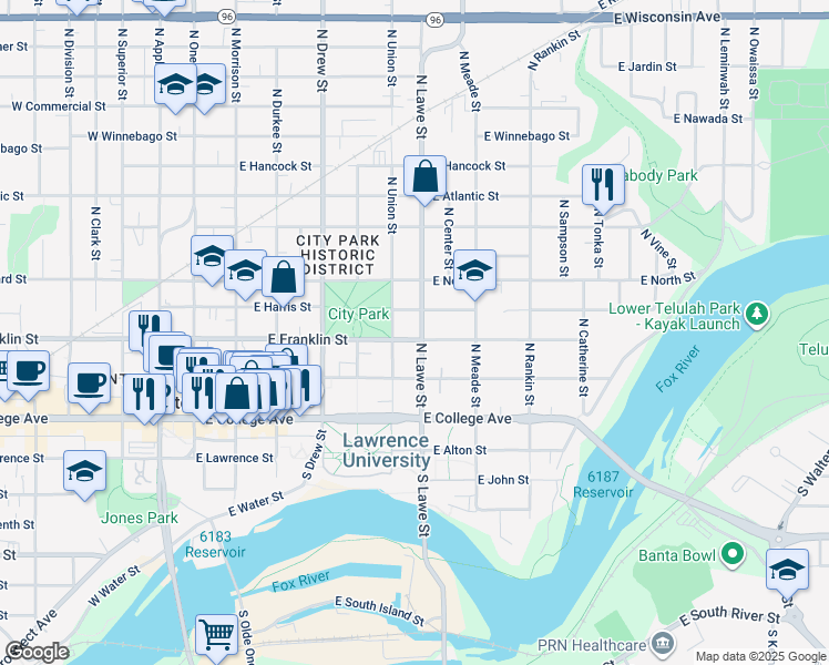 map of restaurants, bars, coffee shops, grocery stores, and more near 218 North Union Street in Appleton