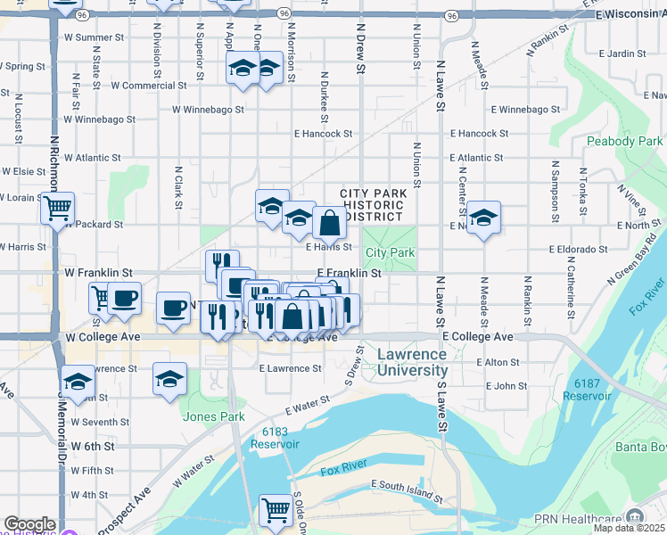 map of restaurants, bars, coffee shops, grocery stores, and more near 200 North Durkee Street in Appleton