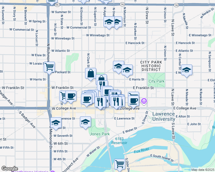 map of restaurants, bars, coffee shops, grocery stores, and more near in Appleton