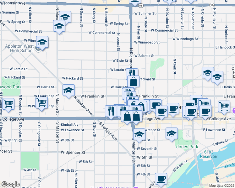 map of restaurants, bars, coffee shops, grocery stores, and more near 305 North Locust Street in Appleton