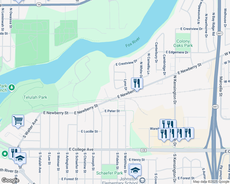 map of restaurants, bars, coffee shops, grocery stores, and more near 55 East Crestview Drive in Appleton