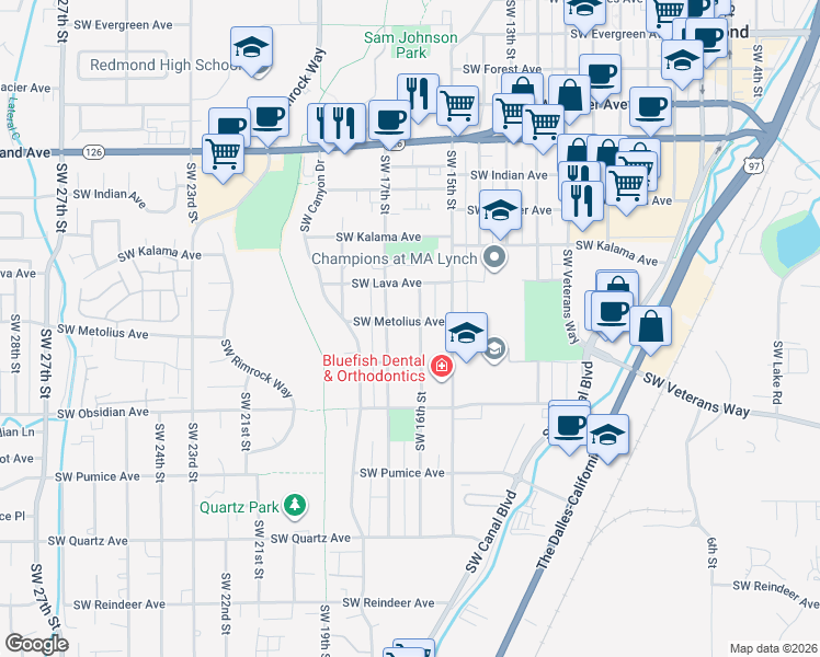 map of restaurants, bars, coffee shops, grocery stores, and more near 1238 Southwest 16th Street in Redmond