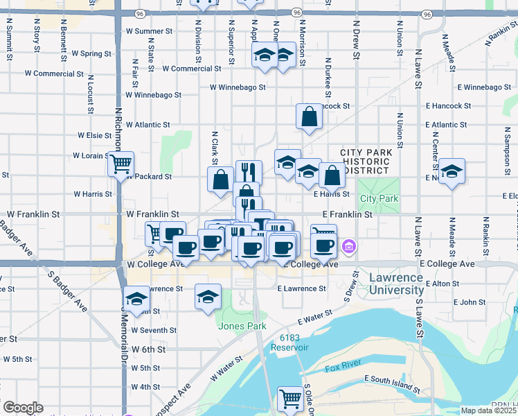 map of restaurants, bars, coffee shops, grocery stores, and more near 116 W Harris St in Appleton