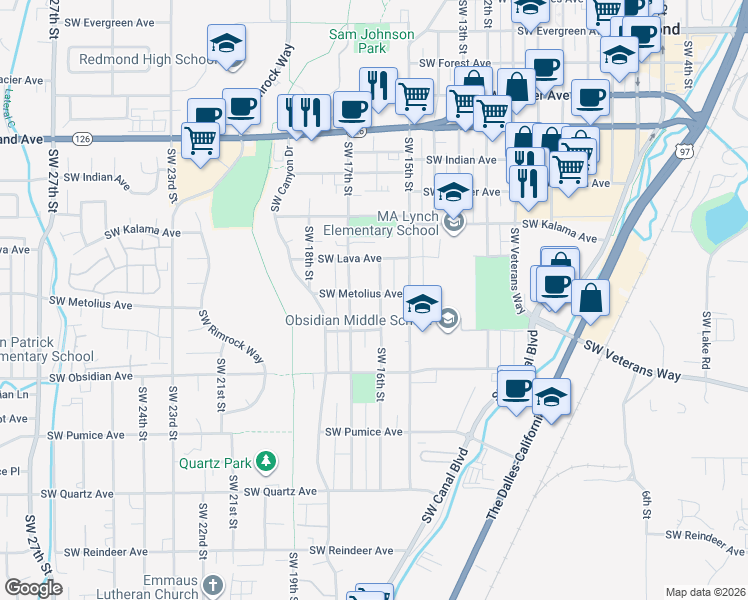 map of restaurants, bars, coffee shops, grocery stores, and more near 1238 Southwest 16th Street in Redmond