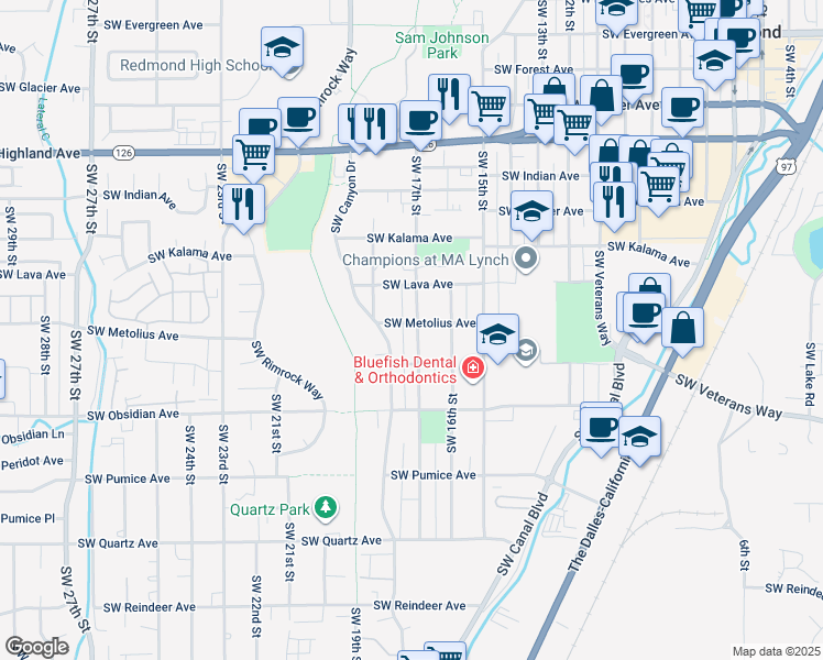 map of restaurants, bars, coffee shops, grocery stores, and more near 1228 Southwest 17th Street in Redmond