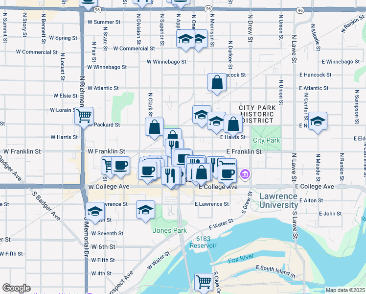 map of restaurants, bars, coffee shops, grocery stores, and more near 116 W Harris St in Appleton