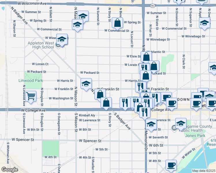 map of restaurants, bars, coffee shops, grocery stores, and more near 932 West Harris Street in Appleton