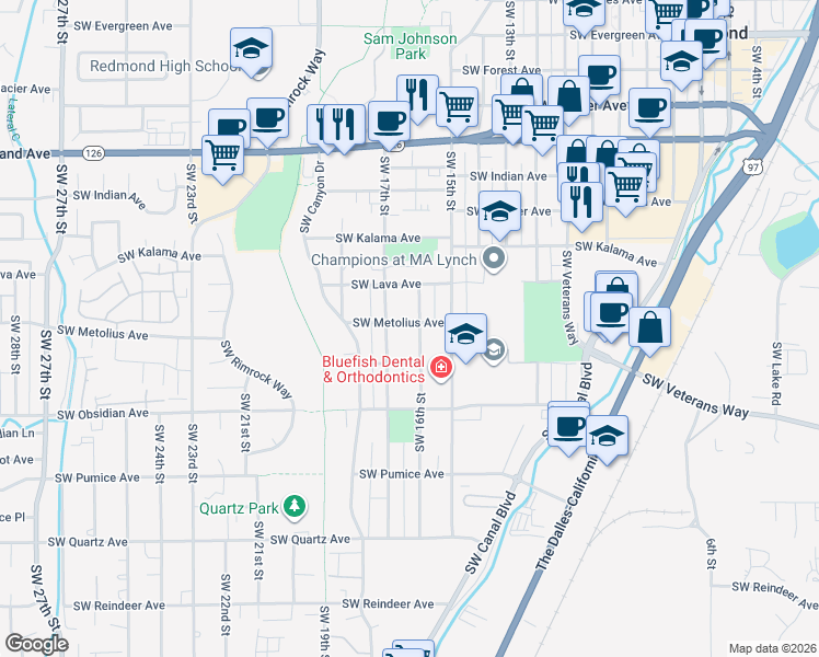 map of restaurants, bars, coffee shops, grocery stores, and more near 1238 Southwest 16th Street in Redmond