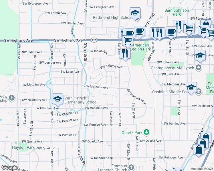 map of restaurants, bars, coffee shops, grocery stores, and more near 1260 Southwest Salsify Lane in Redmond