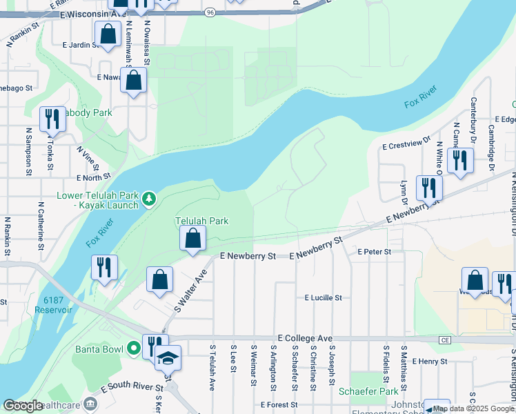 map of restaurants, bars, coffee shops, grocery stores, and more near 28 Weimar Court in Appleton