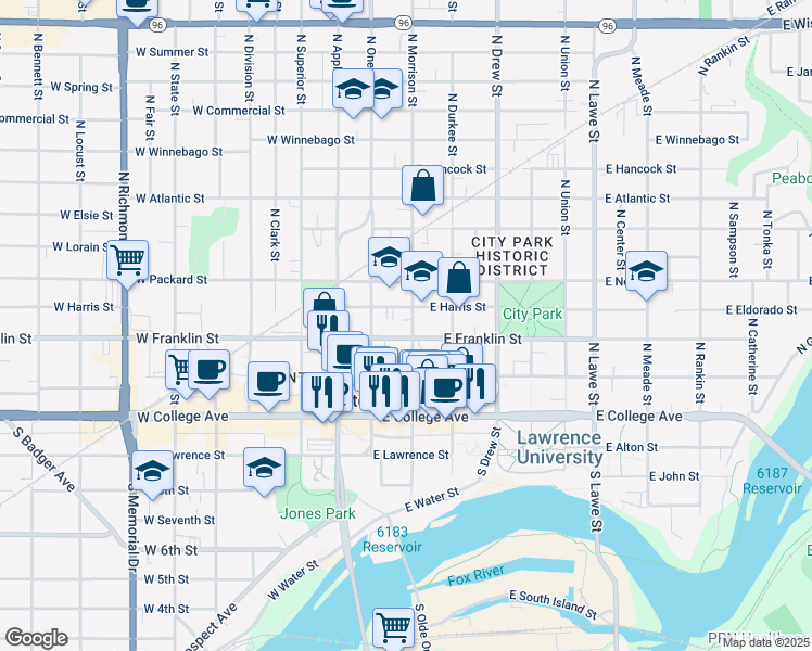 map of restaurants, bars, coffee shops, grocery stores, and more near 402 North Morrison Street in Appleton