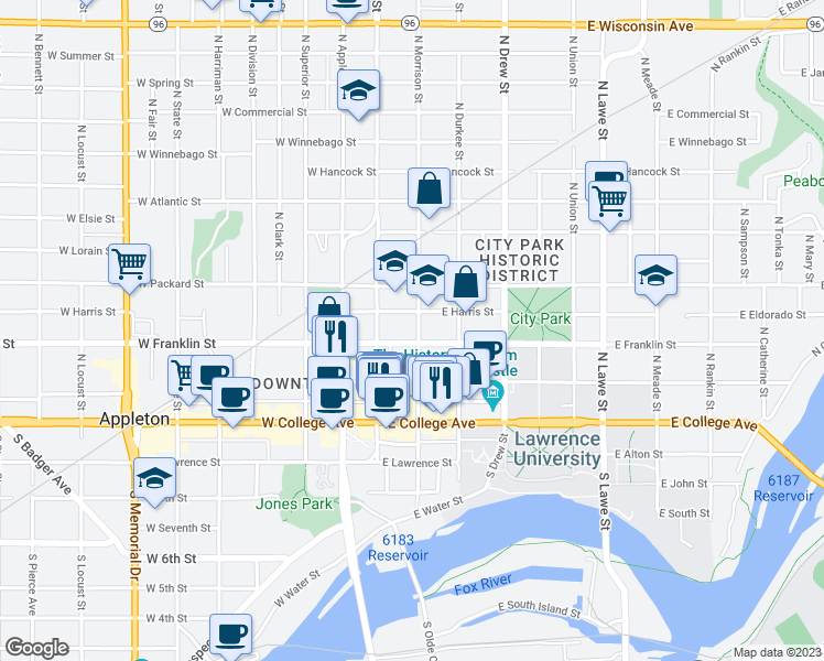 map of restaurants, bars, coffee shops, grocery stores, and more near 309 North Morrison Street in Appleton