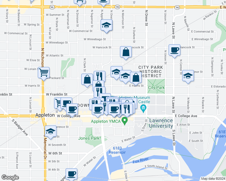 map of restaurants, bars, coffee shops, grocery stores, and more near 312 North Oneida Street in Appleton