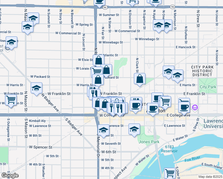 map of restaurants, bars, coffee shops, grocery stores, and more near 312 North State Street in Appleton