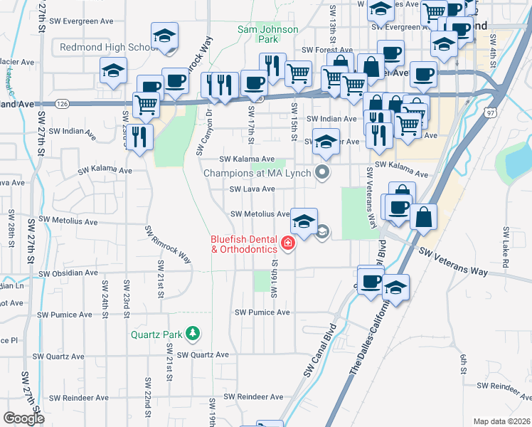 map of restaurants, bars, coffee shops, grocery stores, and more near 1228 Southwest 17th Street in Redmond