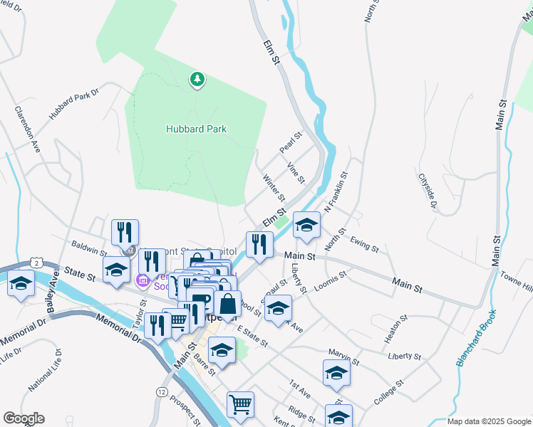 map of restaurants, bars, coffee shops, grocery stores, and more near 208 Elm Street in Montpelier